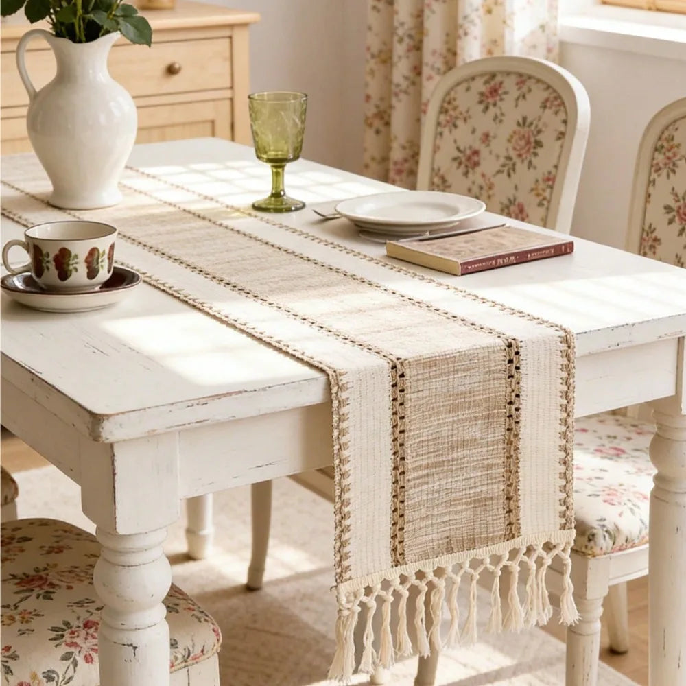 Nordic Boho Striped Green Table Runner - Hand - Woven Tassels, Ideal for Spring Tables, Round Coffee Tables & Rustic Home Dec
