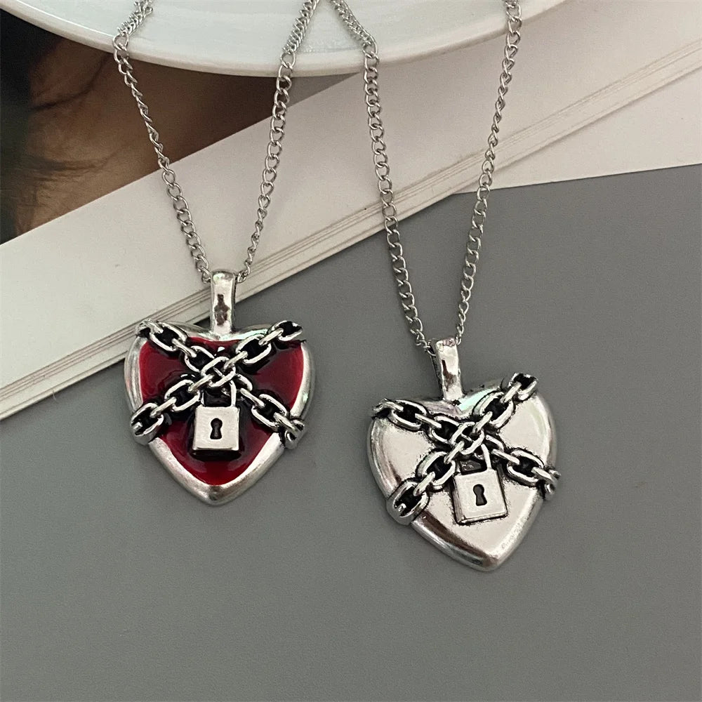Punk Rock Red Black Heart Pendant Chain Necklace For Men Women Cool Hip Hop Street Vintage Goth Accessories Trendy Jewelry