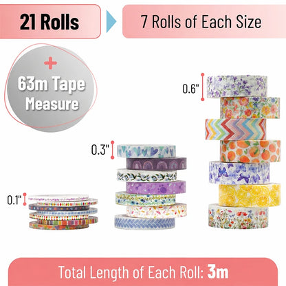 Washi Tape Set, 3/21 Rolls, Assorted Sizes, Floral 3m/Roll Washi Tape for Scrapbook, Arts, Crafts, Journals Planners Decorati