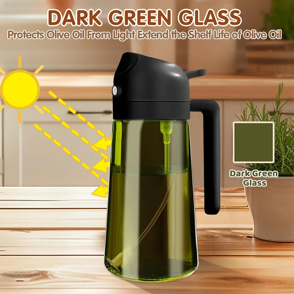 470ML/16oz Light-Blocking Dark Oil Sprayer for Cooking 2 in 1 Olive Oil Dispenser Bottle for Kitchen Dark Green Glass Oil Bot