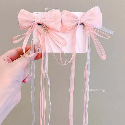 1 Pair Fashion Fairy Ribbon Bow Hairpins For Kids Long Ribbon Hair Clip Barrettes Headband Headdress Girls Hair Accessories