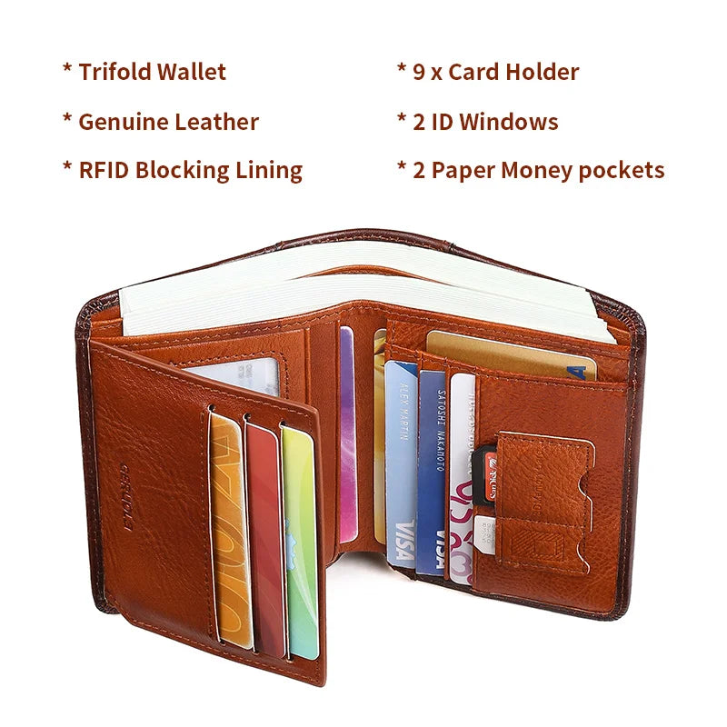 GERUOLA Slim RFID Shielded Genuine Leather Wallet for Men-Multifunctional ID & Credit Card Holder Dark Brown with Embellishme
