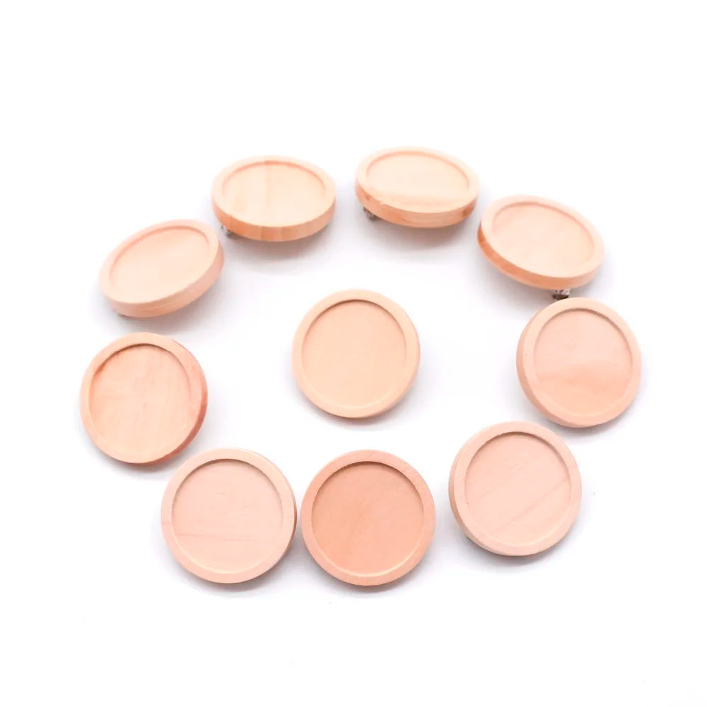 10pcs/lot Blank Wood Cabochon Brooch Base Settings 20 25 30 40mm Dia Round Bezel Tray Diy Brooches Pin Backs for Jewelry Maki