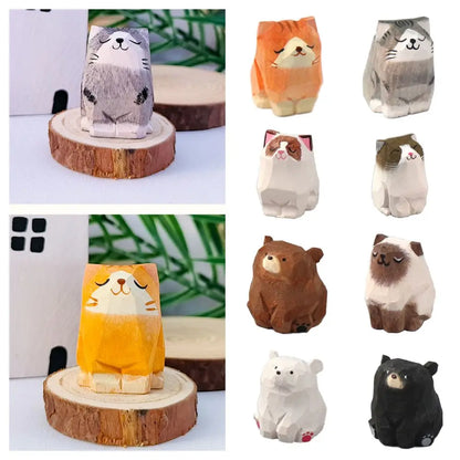 Creative Cartoon Animal Wood Bear Figurine Wooden Carved Desktop Knick-knack Sculpture Kids Toy Carving Cat Statue