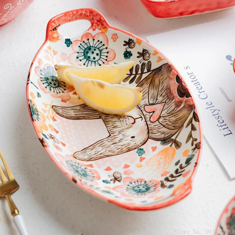 1pc/cute rabbit hand-painted bowl and plate underglaze ceramic household soup bowl commercial hotel noodle bowl fruit salad b