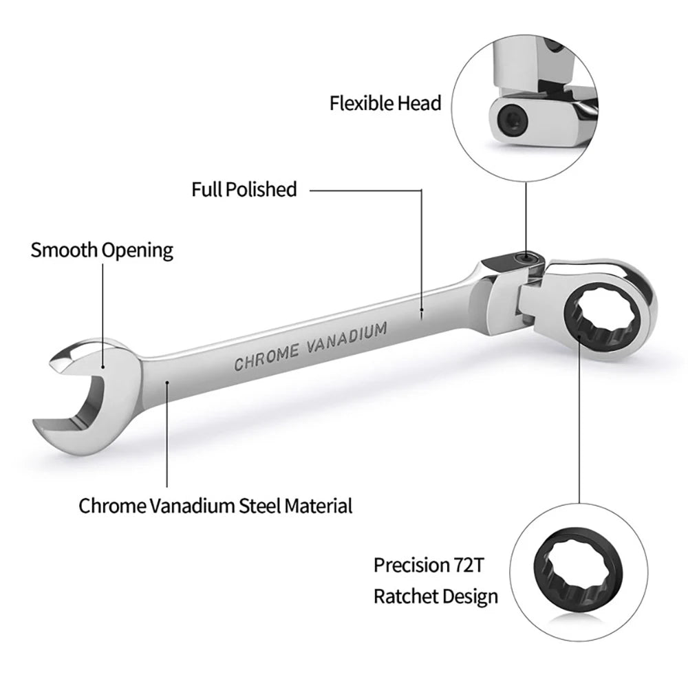 1-Piece Ratchet Wrench of Keys Spanner Hand Tool 72-Tooth Ratcheting Flexible Head Mirror Finish