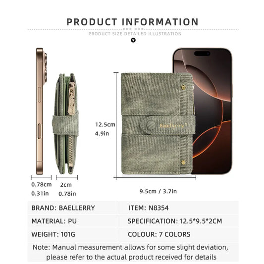 Baellerry Short Wallet Zipper Coin Bag Detachable Card Clip For Daily Use Travel