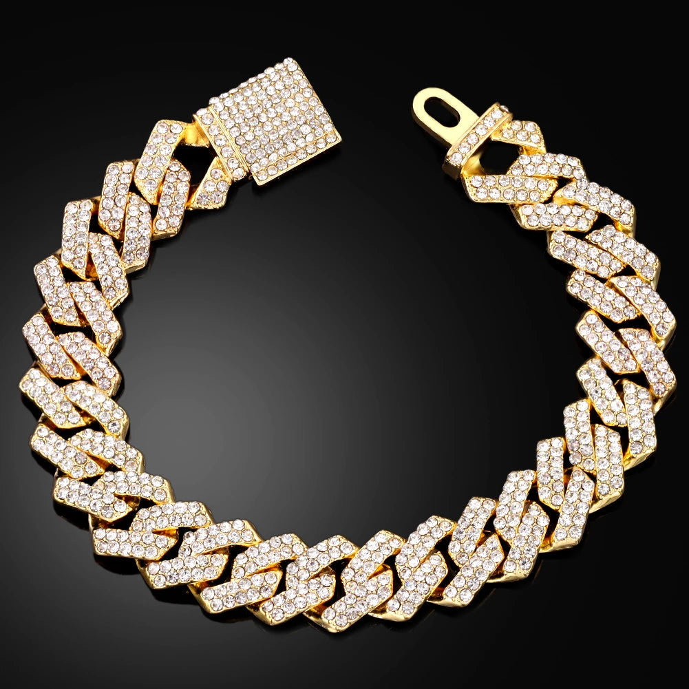 14MM Iced Prong Link Cuban Chain Bracelets for Men Women Full Rhinestones Chunky Miami Cuban Bracelet Punk Hip Hop Jewelry Gi
