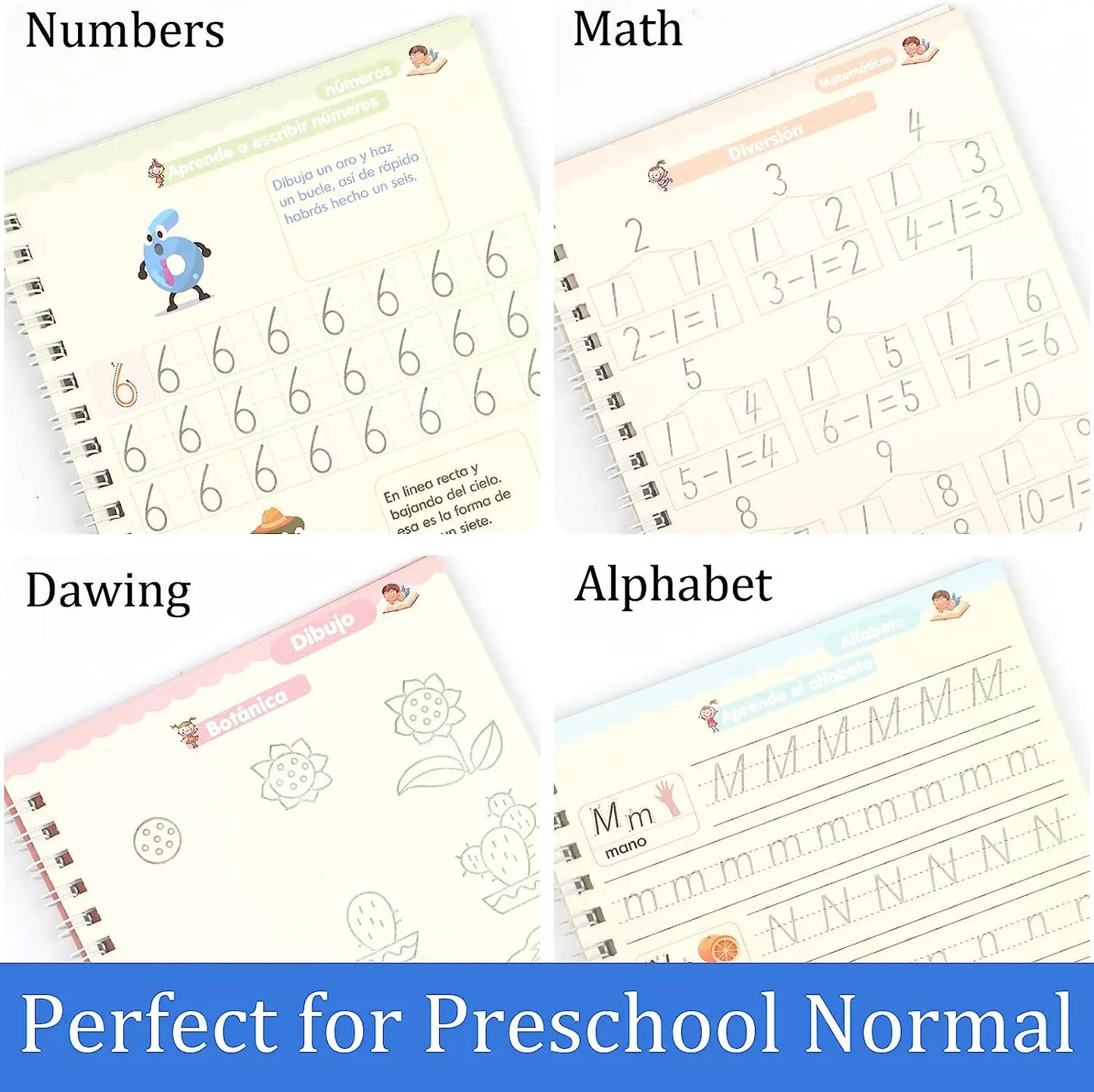 4 Books Magic Writing Book in Spanish Calligraphy Notebook Montessori Kids Reusable Educational Calligraphic Letter Practice 