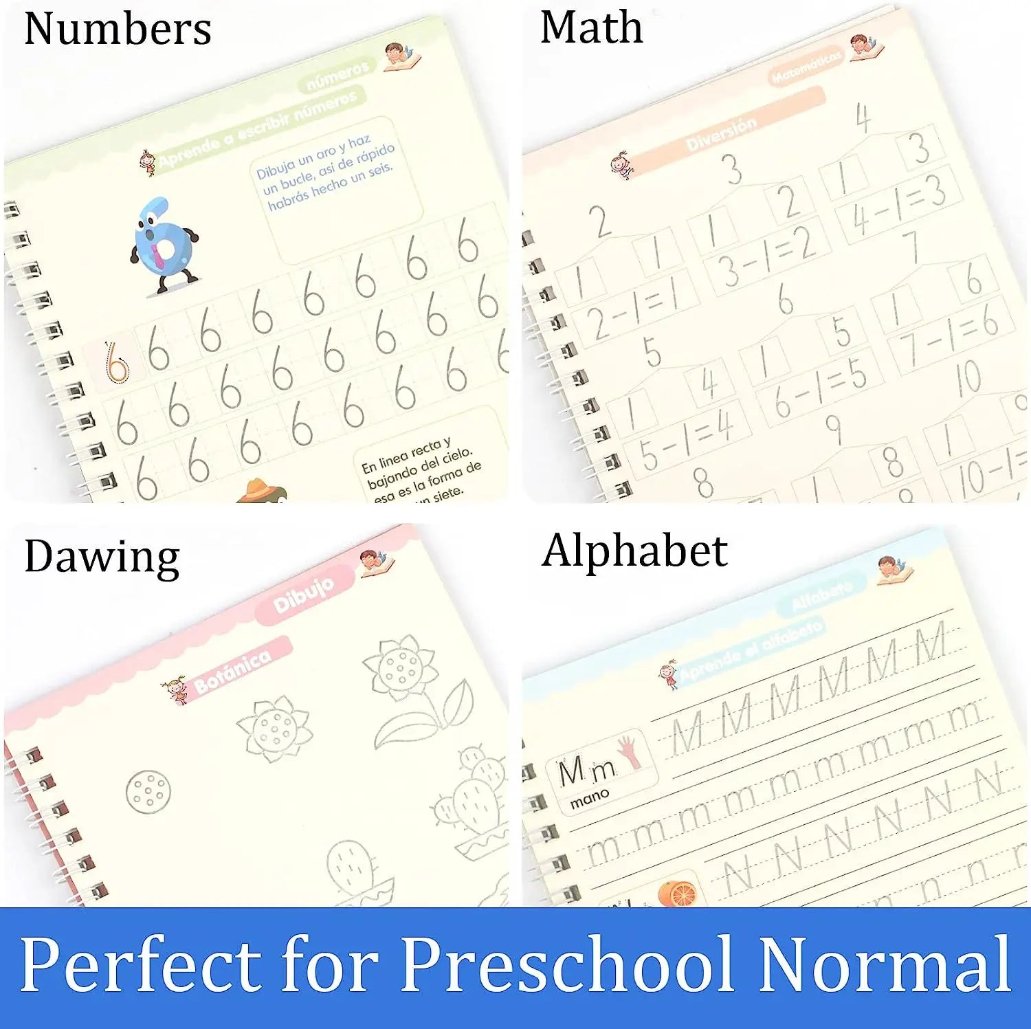 4 Books Magic Writing Book in Spanish Calligraphy Notebook Montessori Kids Reusable Educational Calligraphic Letter Practice 
