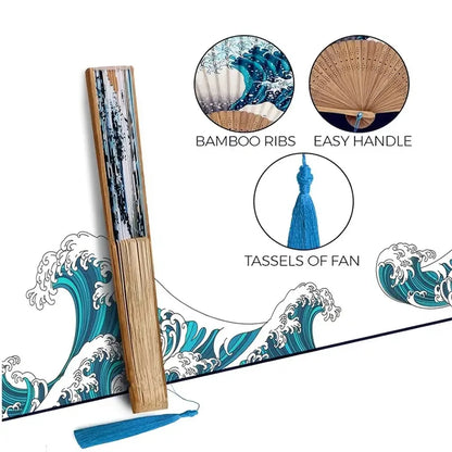 1pc, Japanese Folding Fan Handmade Decorative Kanagawa Wave Foldable Fan Handheld Vintage Hand Fans For Women Portable Foldin