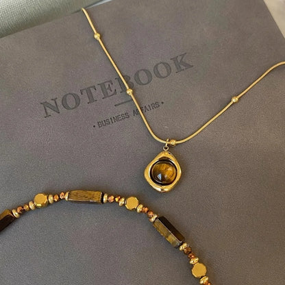Alloy double-layer collarbone chain set jewelry retro temperament layered tiger eye stone pendant necklace for women