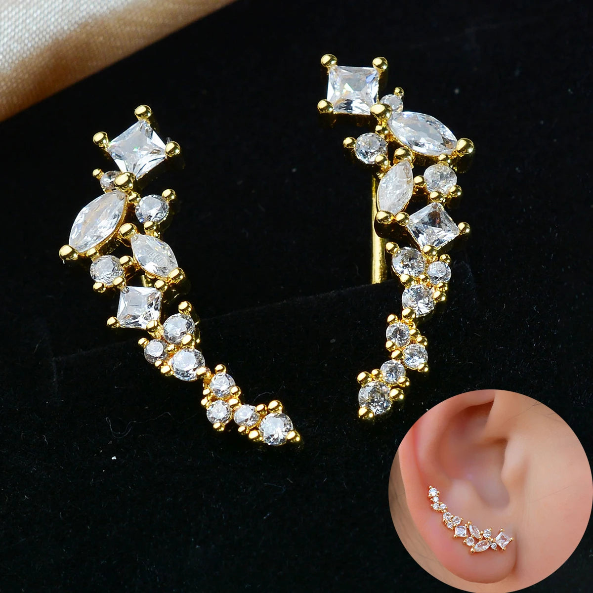 Trend Personality Geometry Studs Climb Ear Crawler Earrings Exquisite Women's Ear Accessories with Dazzling CZ Fashion Jewelr