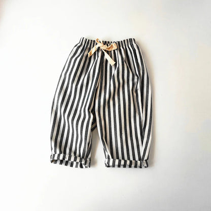 Children's Clothing Vintage Linen Cotton Stripe Pants Baby Boy Girl Casual Shorts Spring Summer Girls Loose Trousers and Shor