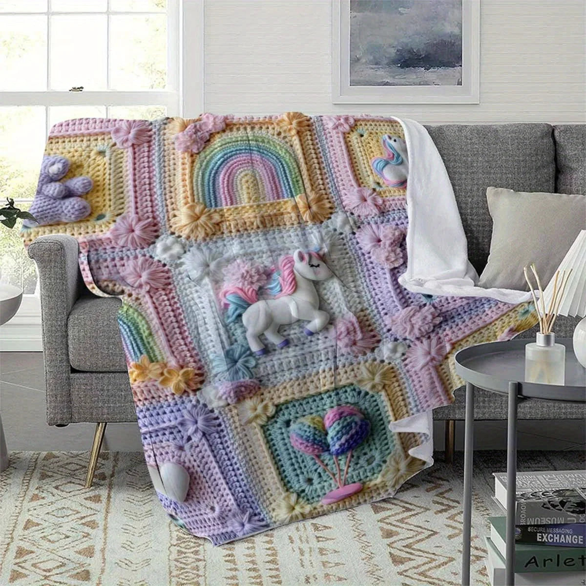 Crochet Blanket, Magritte Square Design, Soft Polyester Throw, Perfect Travel Shawl, Cozy Gift for Home, Vibrant 2D Printed B