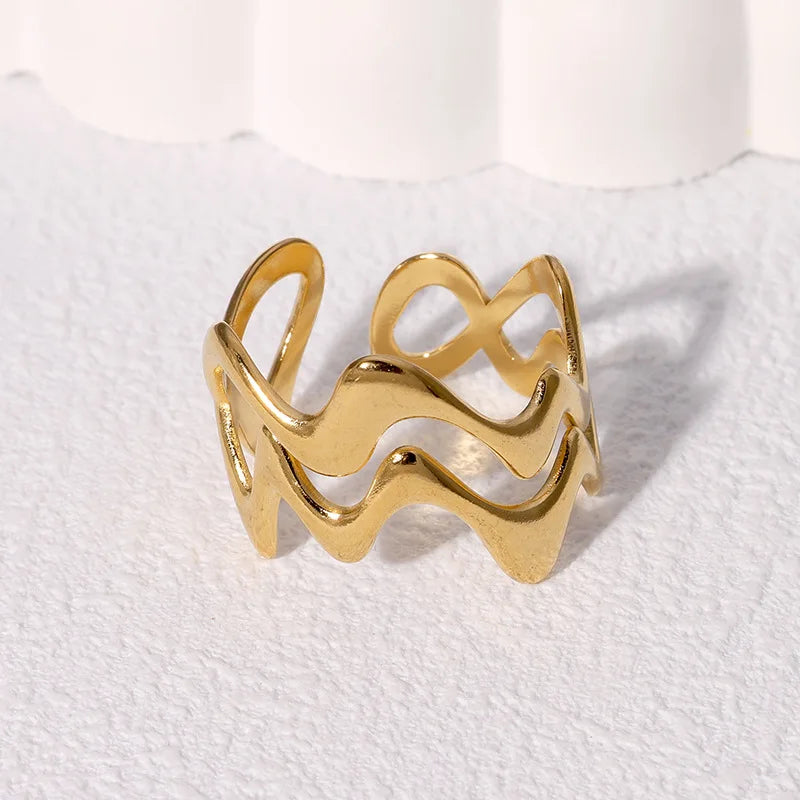 Stainless Steel Irregular Wave Rings for Women Men Creative Gold Color Adjustable Opening Rings Female Statement Jewelry Gift
