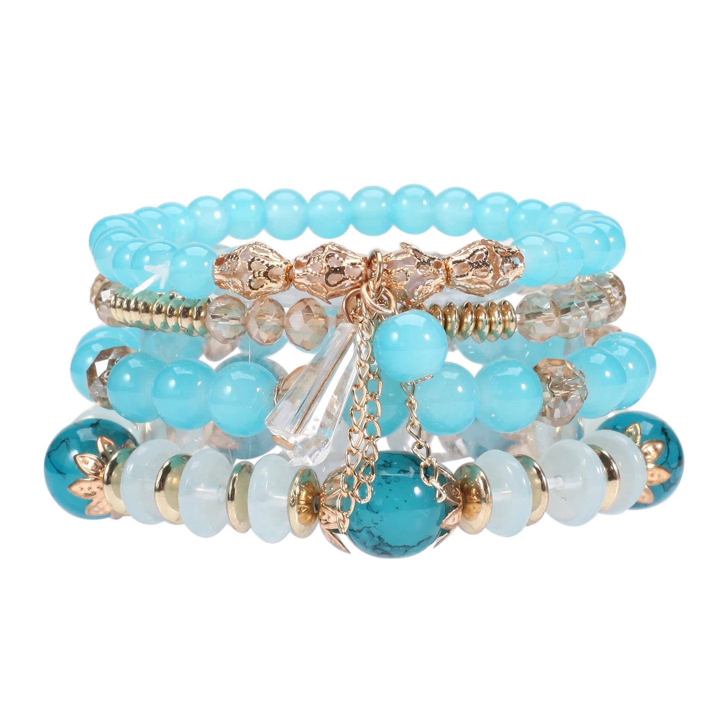 Bohemian Stackable Bead Bracelets for Women Multilayered Bracelet Pendant Charm Stretch Bangles - light blue