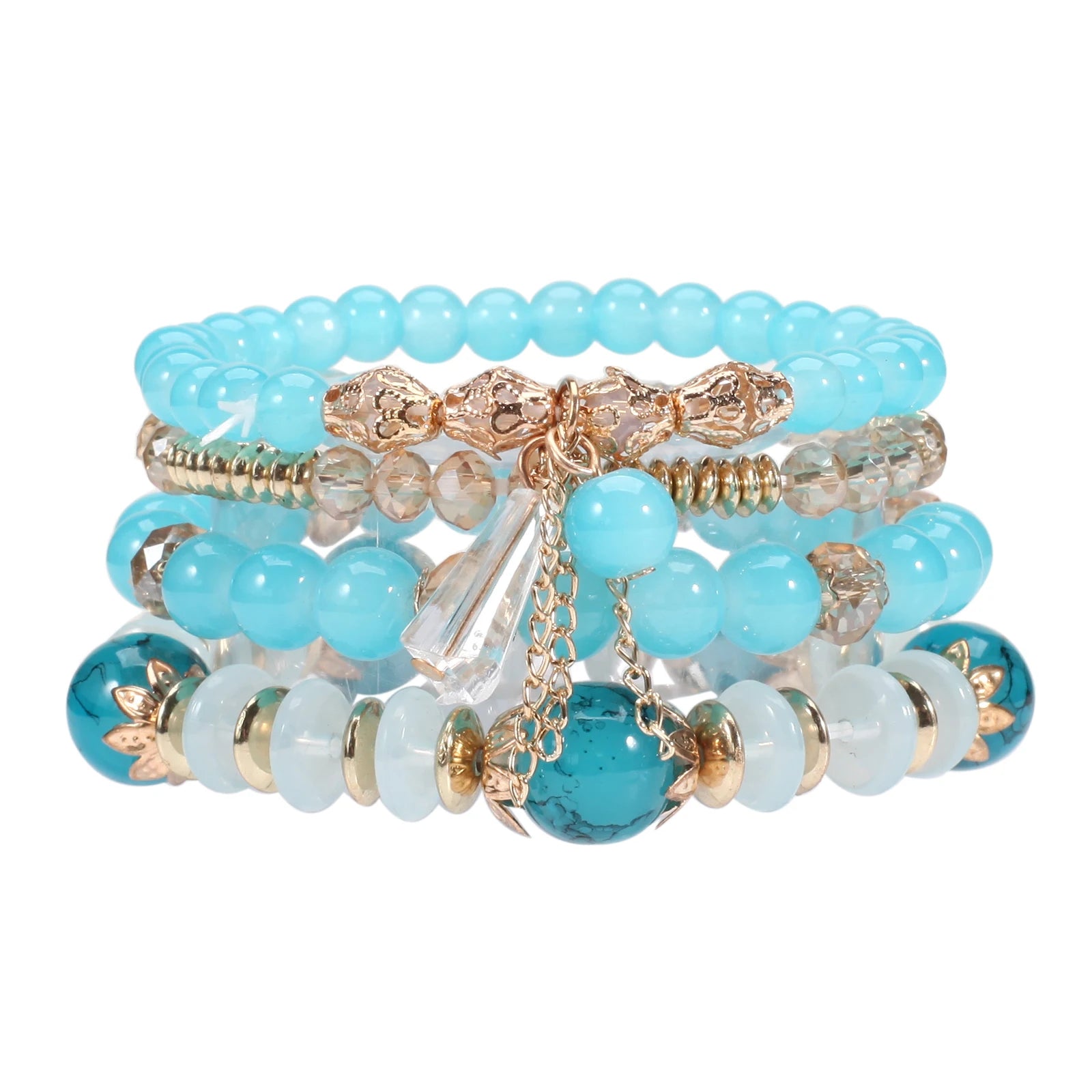 Bohemian Stackable Bead Bracelets for Women Multilayered Bracelet Pendant Charm Stretch Bangles - light blue