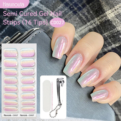 Harunouta 16strips Semi Cured Gel Nail Strips with Nail Clipper Set Self-Adhesive Glitter for Nails Work with UV/LED