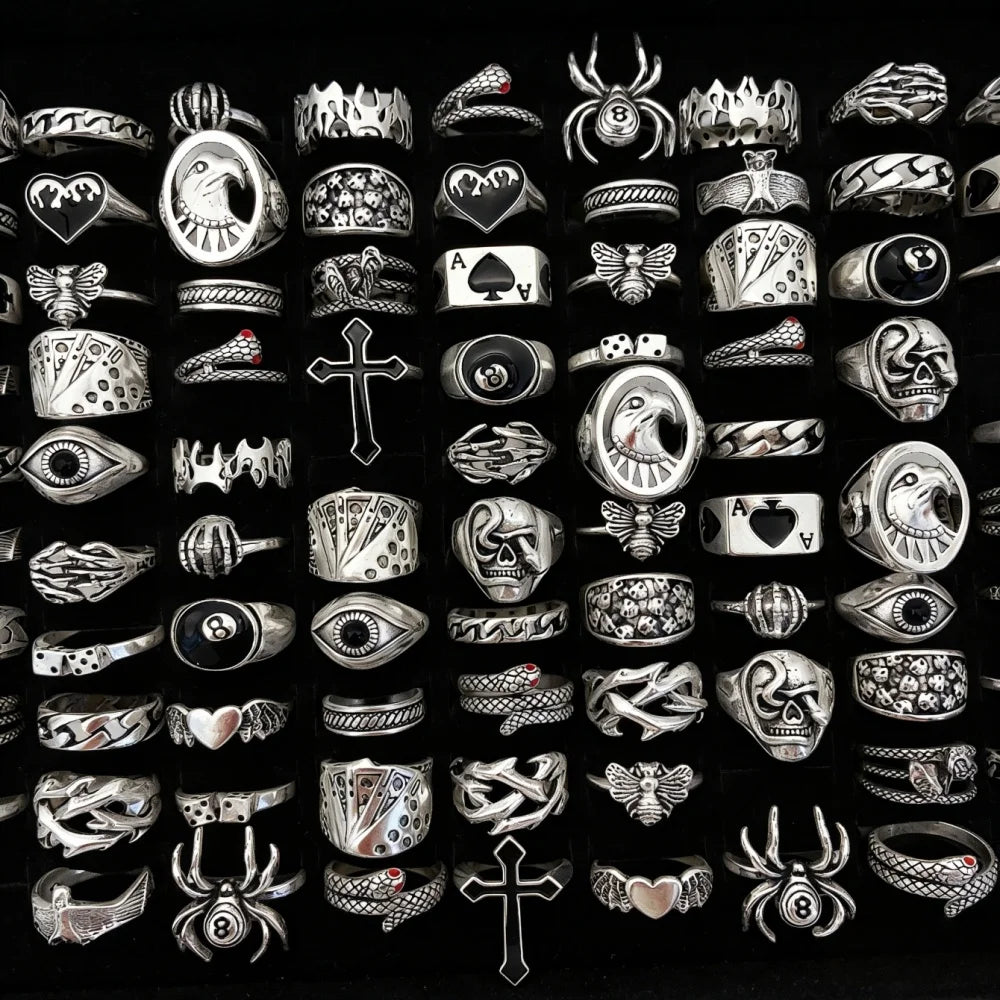 10/20/30/50/100Pieces Vintage Punk Skull Eye Rings Set For Women Men Mix Style Hip Hop Finger Ring Jewelry Party Gift