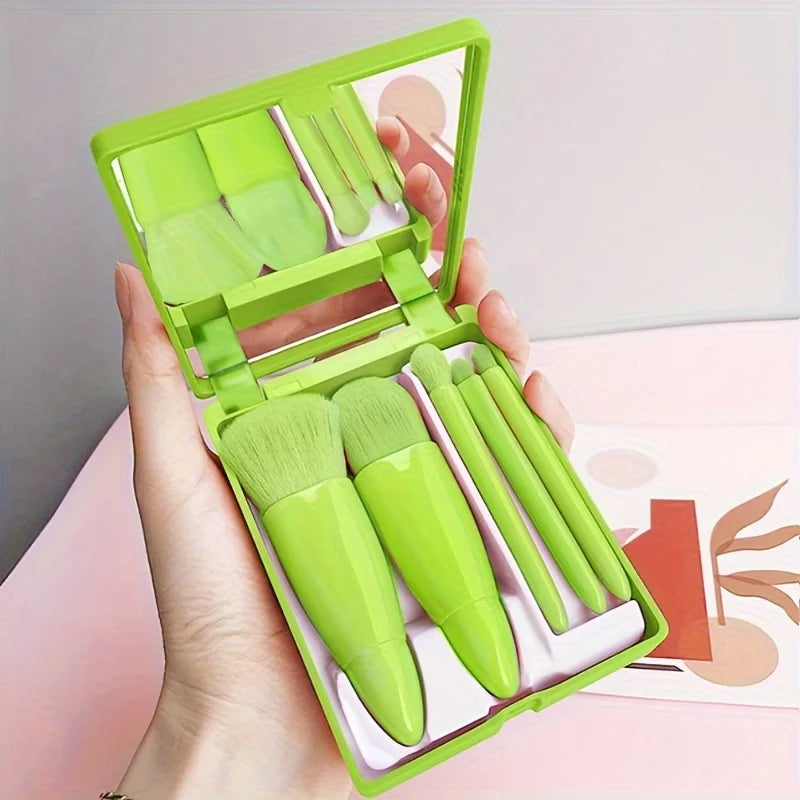 5Pcs Portable Makeup Brush Set With Mirror - Foldable Travel Kit ，Mini Makeup Brush Set Travel Makeup Brush Set - Green