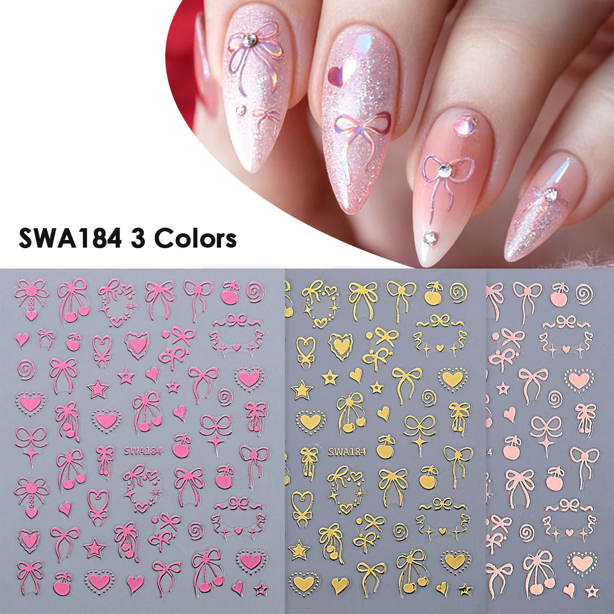 3pcs Valentine's Day Nail Art Stickers 3D Black White Pink Lines Love Heart Nail Decals DIY Adhesive Slider Manicure Decorati