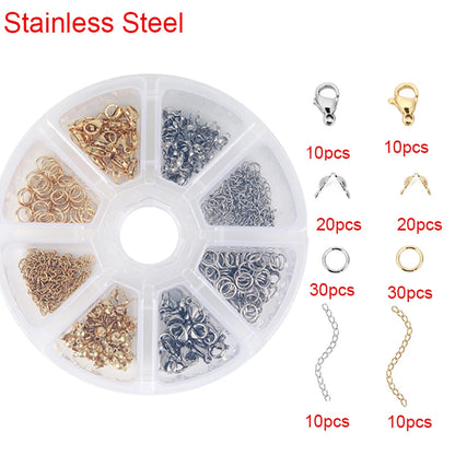 Stainless Steel Lobster Clasps Open Jump Rings Crimp Beads Caps For Diy Bracelet Necklace Supplies Jewelry Making Kit Set Box