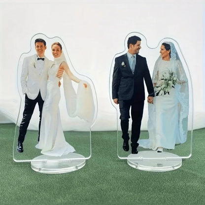 A custom acrylic desktop decoration with personalized photo options, including artistic images, couple portraits, and family 