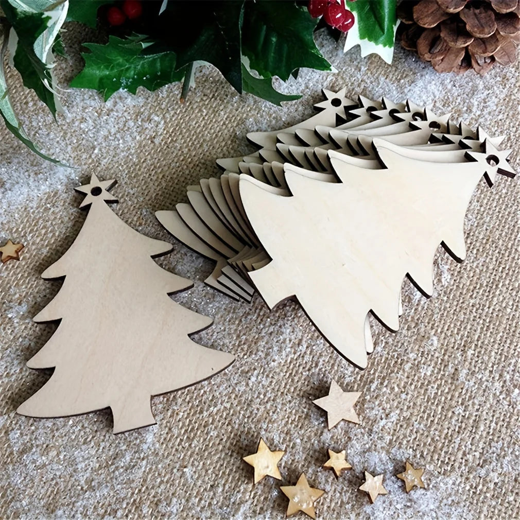 10Pcs Christmas Tree Shape Wooden Crafts Hanging Ornaments Unfinished Christmas Tree Pendant Decoration Wood Slices for Craft