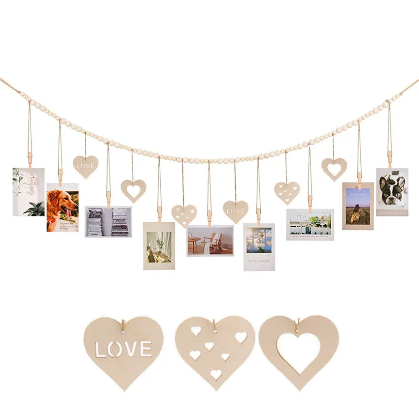 Hanging Photo Display Wooden Bead Garland Boho Wall Hanging for Bedroom Living Room Dorm Party Decor Teen Girl Gifts - heart 