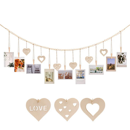Hanging Photo Display Wooden Bead Garland Boho Wall Hanging for Bedroom Living Room Dorm Party Decor Teen Girl Gifts - heart 