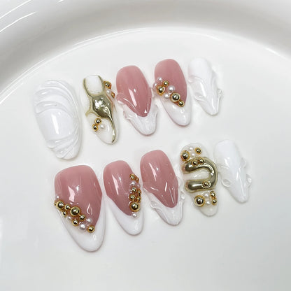 10Pcs Nude Pink Almond Manicure Nail Stickers Mid-length Ballet Simple Reusable Press on Nails Artificial Handmade False Nail