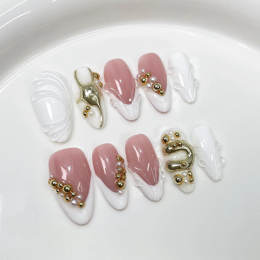 10Pcs Nude Pink Almond Manicure Nail Stickers Mid-length Ballet Simple Reusable Press on Nails Artificial Handmade False Nail