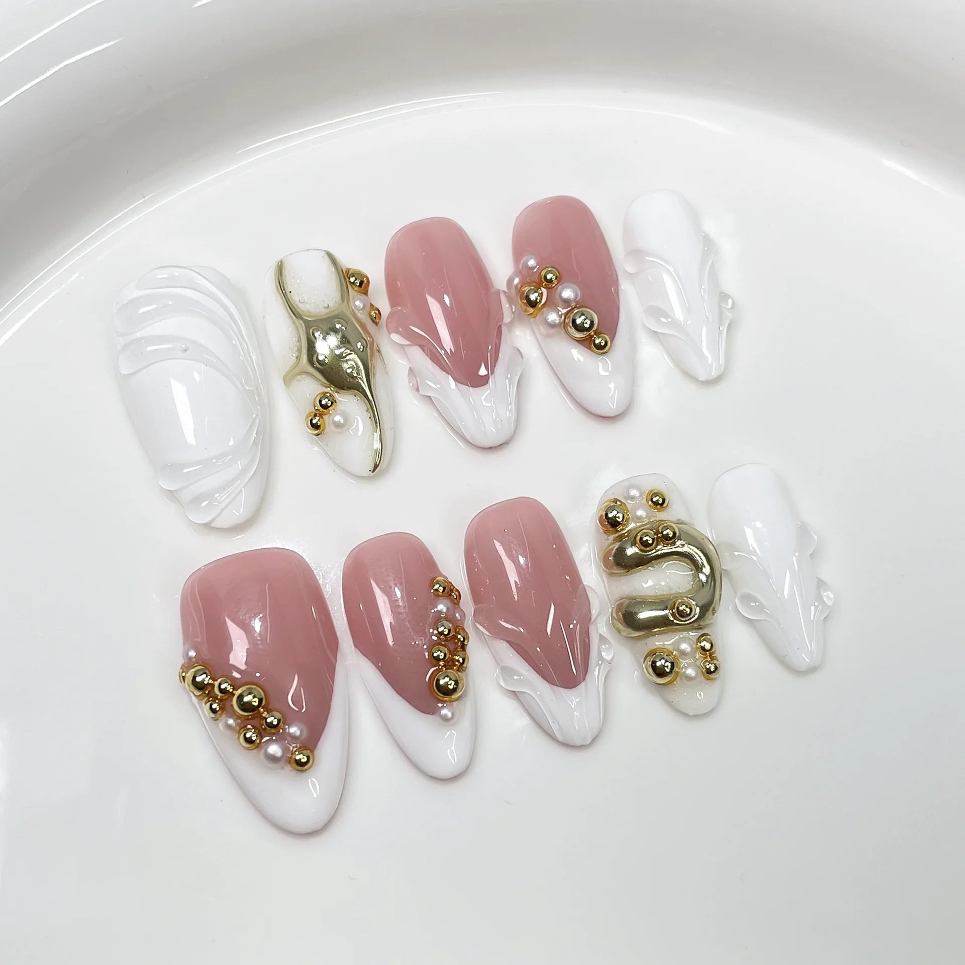 10Pcs Nude Pink Almond Manicure Nail Stickers Mid-length Ballet Simple Reusable Press on Nails Artificial Handmade False Nail