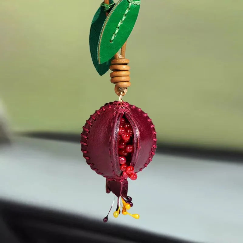 Handmade Vegetable Tanned Leather Pomegranate Keychain Fruit Bag Charm Cute Purse Pendant Car Mirror Accessories For Women Gi