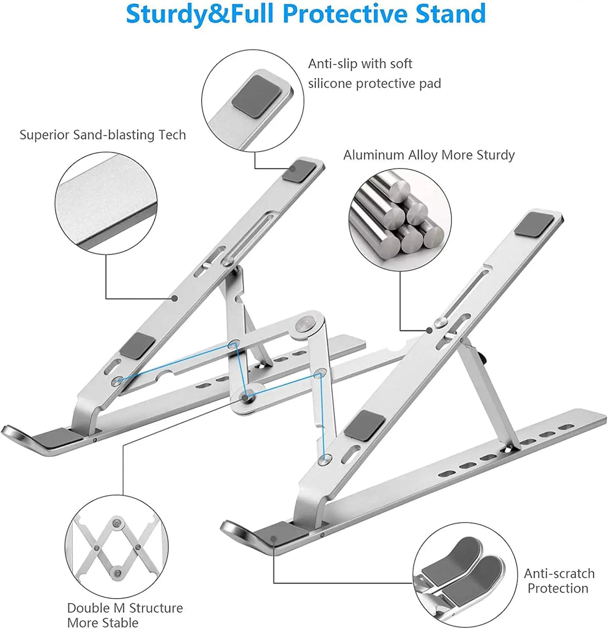 Ergonomic Aluminum Alloy Foldable Laptop Stand, 7 Adjustable Angles, Sand-Blasted Anti-Slip Stable Computer Holder - Silver-3