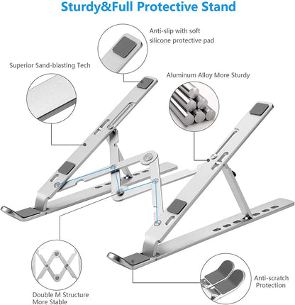 Ergonomic Aluminum Alloy Foldable Laptop Stand, 7 Adjustable Angles, Sand-Blasted Anti-Slip Stable Computer Holder - Silver-3