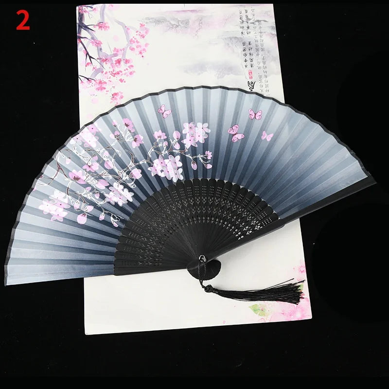 1Pc Vintage Silk Folding Fan Retro Chinese Japanese Bamboo Folding Fan Tassel Dance Hand Fan Home Decoration Ornament Craft G