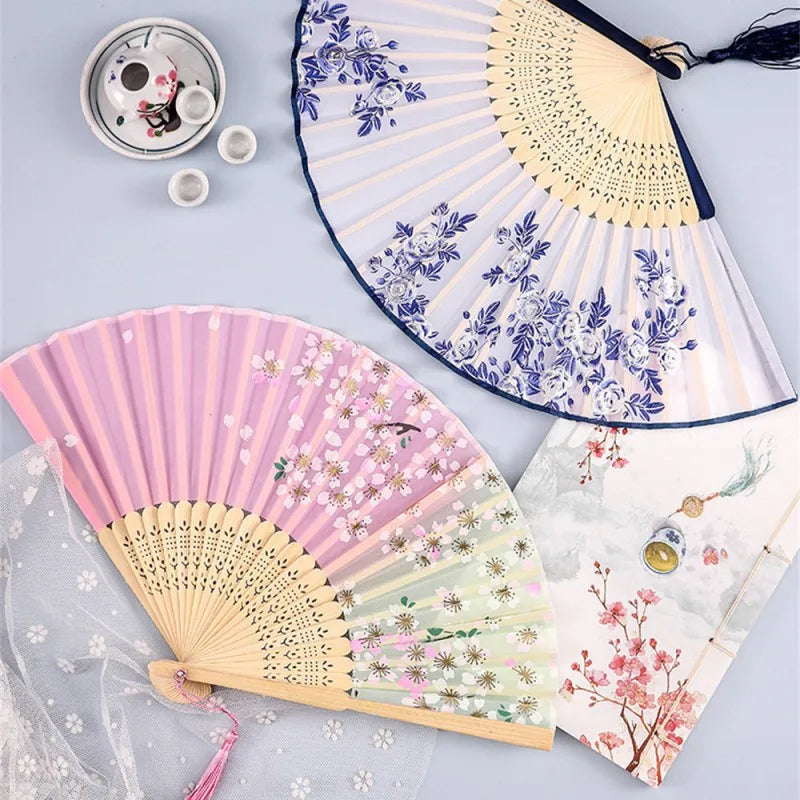 Vintage Silk Folding Hand Fan Chinese Japanese Bamboo Fans Craft Gifts Women Dance Performance Props Home Decoration Ornament