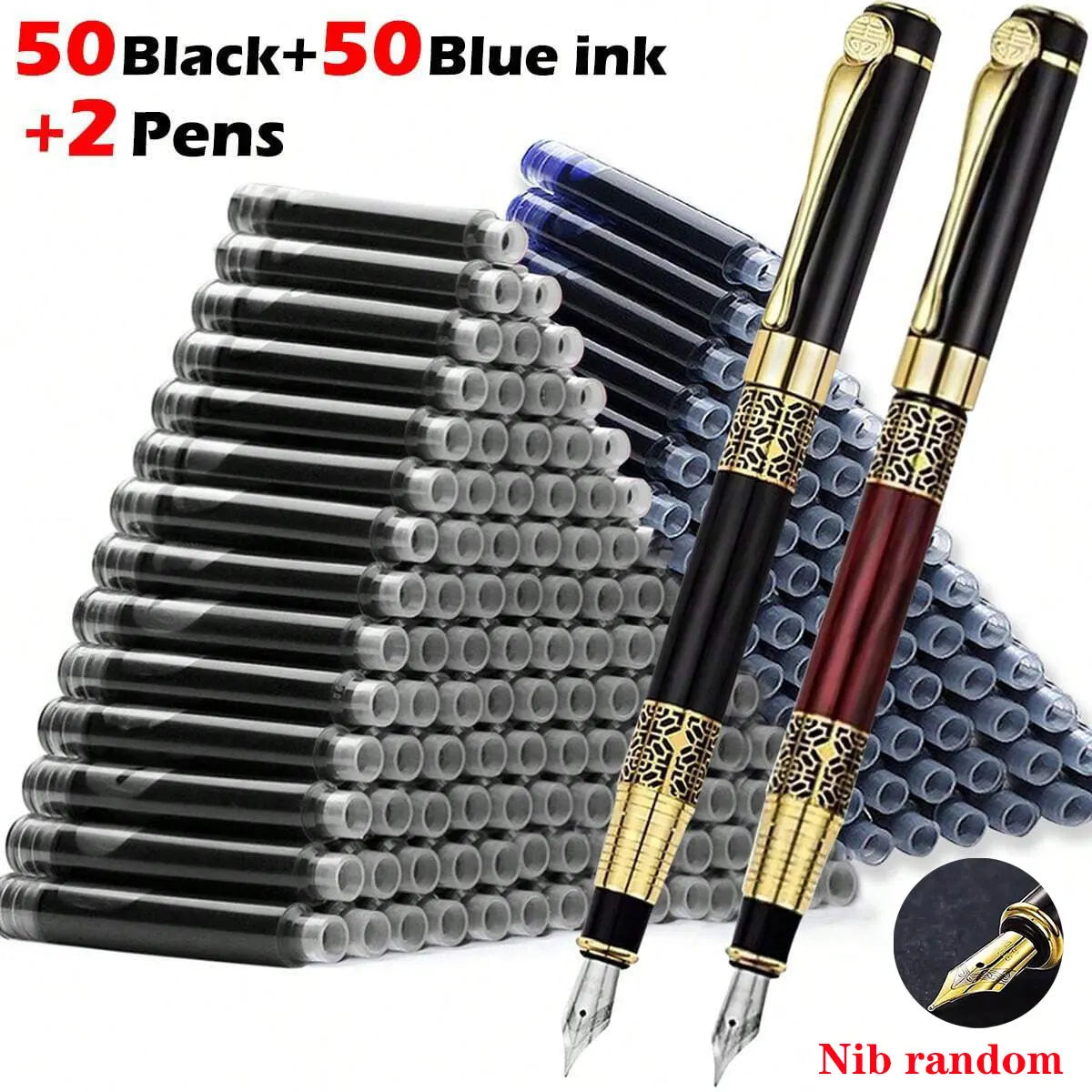 1-100Pcs/Set Retro Metal Fountain Pen Replaceable Ink Elegant Gift for Writing Stationery Office School Supplies - BlackBrown