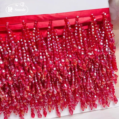 Lace Trim Beaded 2 Yards, Crystal Tassels, 5.5 Cm Wide, Vintage Lace Accent for Sewing, Scrapbooking - Red -B / 2Yards