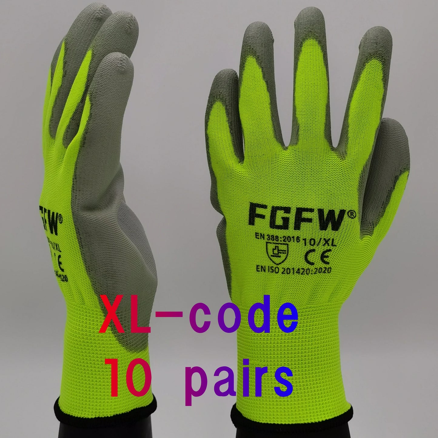 10 Pairs PU Coated Work Gloves - Lightweight, Durable Safety Gloves EN 388/ISO20471 Certified, Sizes S/M/L/XL - XL-code 10pai
