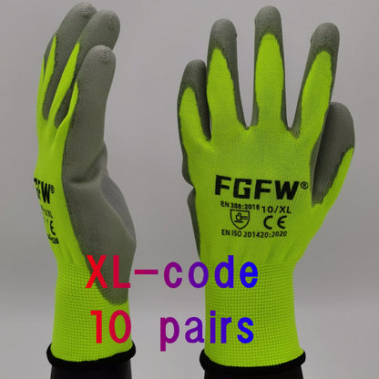 10 Pairs PU Coated Work Gloves - Lightweight, Durable Safety Gloves EN 388/ISO20471 Certified, Sizes S/M/L/XL - XL-code 10pai