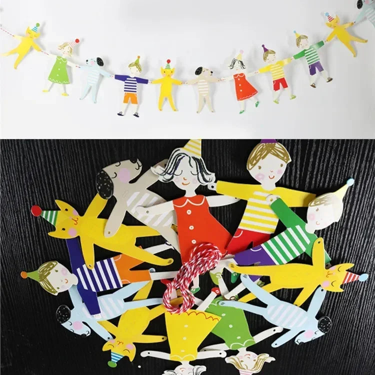 Cute Hands In Hands Boy Girl Cat and Dog Cartoon DIY Bunting Birthday Banner Flag Party Decoration Paper Flags Hanging Orname