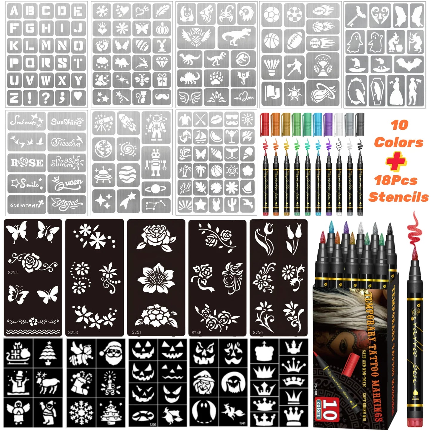 Temporary Tattoo Markers for Skin,10 Colors Tattoo Pens,Brush Tip,Bright colors,Face Paint Kit Cosmetic Quality,Halloween mak