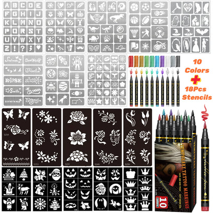 Temporary Tattoo Markers for Skin,10 Colors Tattoo Pens,Brush Tip,Bright colors,Face Paint Kit Cosmetic Quality,Halloween mak