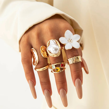 Tocona 2024 New Fashion Luxury Imitation Pearl Open Ring Sets for Women Elegant Gold Color Ring Party Jewelry Accessories - 2