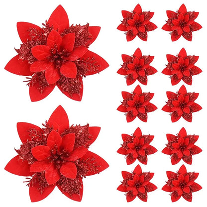 5/10pcs 14.5cm Christmas Flower Ornaments,Pink,Red,Gold,Glitter Artifical Flowers For Christmas Tree,Xmas Decoration For Home
