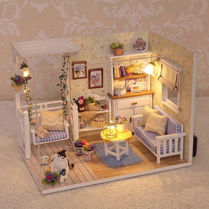 Kitten Mini Doll House 3D Puzzle Assembly Model Building Kit Creative Room Bedroom Decoration With Furniture Wooden Crafts Gi
