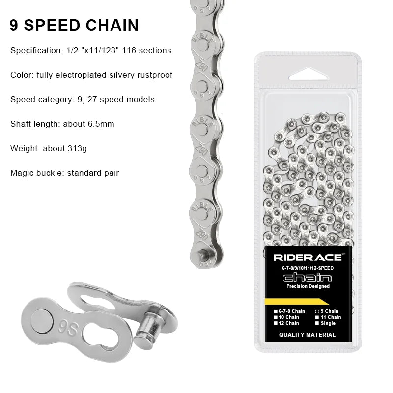 RIDERACE Bicycle Chain 116L 8 9 10 11 12 Speed Silver Ultralight Mountain Road Bike Chain For 24/27/30 Variable Speed Chain -
